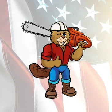A cartoon of a man holding a saw and wearing a helmet.