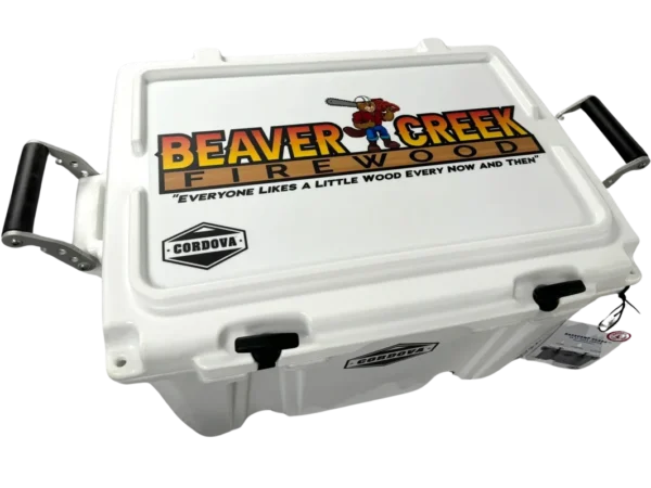 A white cooler with the words beaver creek on it.