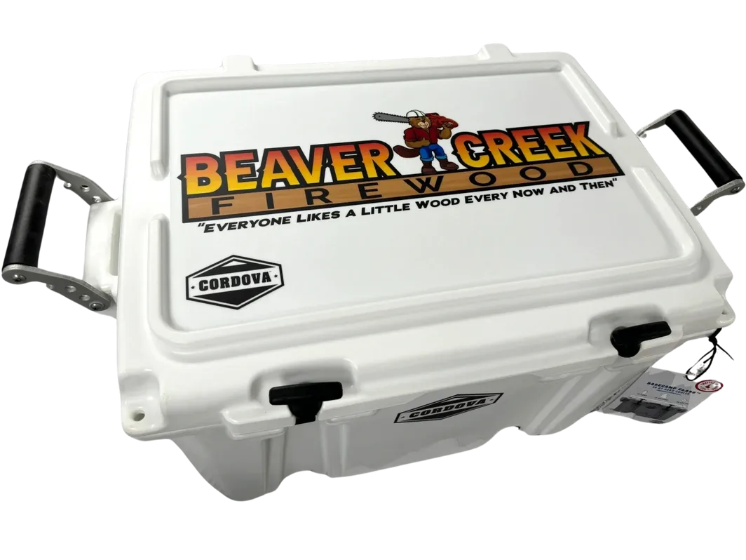 A white cooler with the words beaver creek on it.