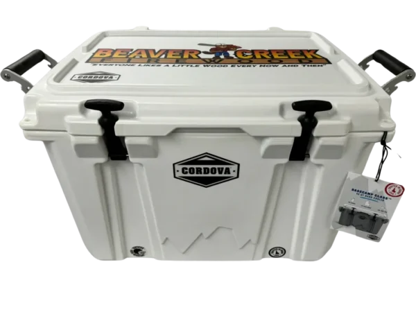 A cooler with the words " denver broncos " on it.