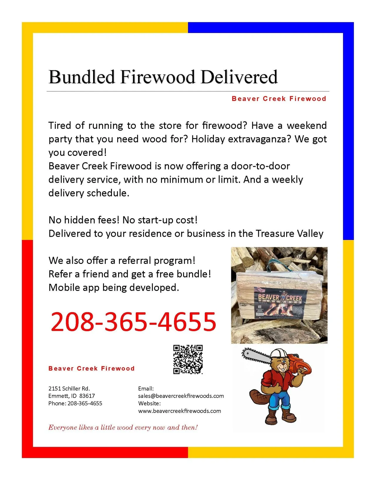 A flyer for a business called bunded firewood delivered.