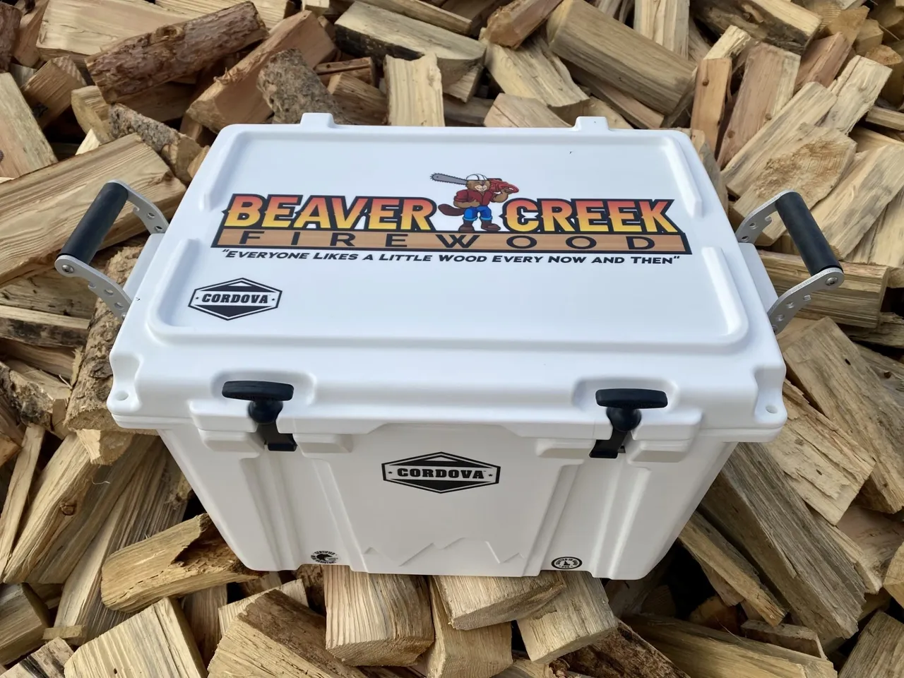 A white cooler sitting on top of chopped wood.