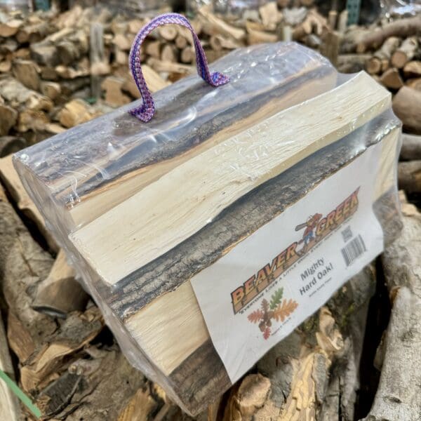 Wrapped bundle of mighty hard oak firewood.