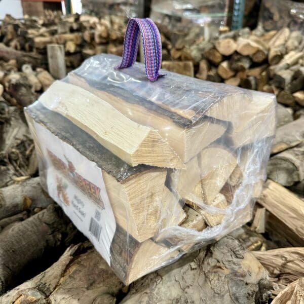 A bag of firewood ready for burning.