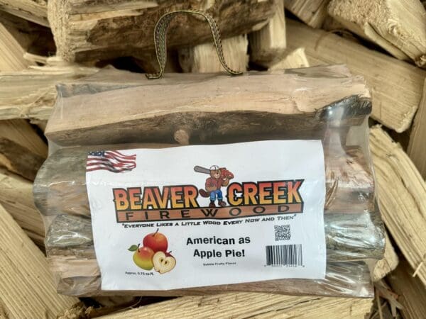 A bag of Beaver Creek firewood with apple pie scent.